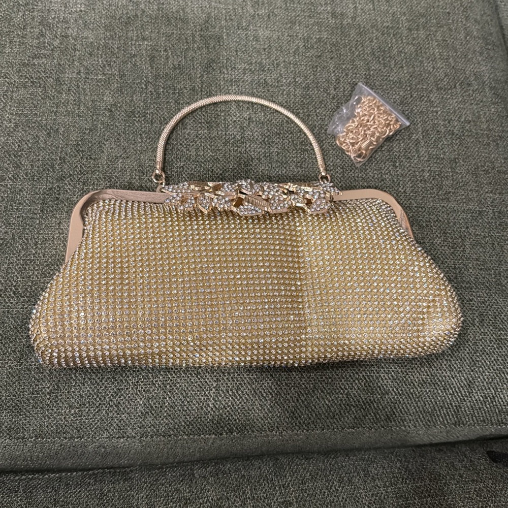 Gold Rhinestone Evening Bag Clutch Purse w Chain Strap Formal Wedding Prom